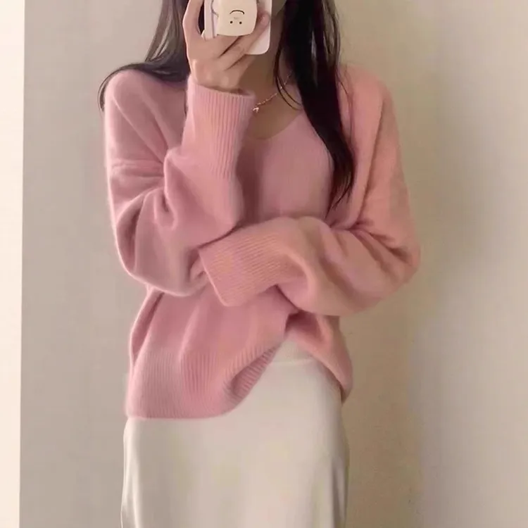 v领毛衣针织衫女秋冬新款女装宽松慵懒风软糯纯色套头毛衣女上衣