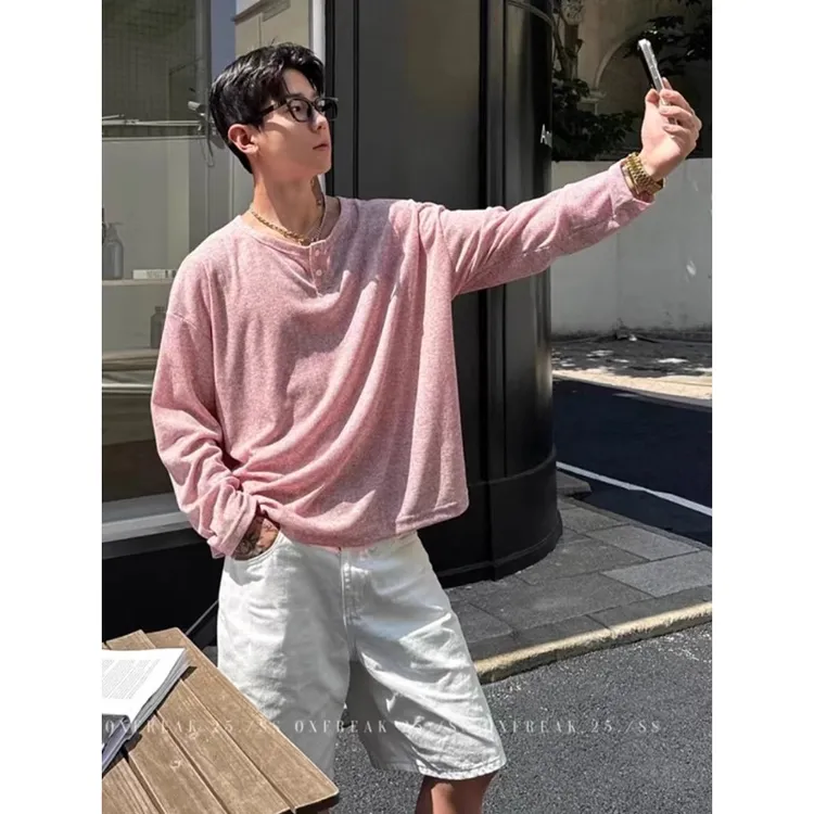 粉色老钱风亨利领长袖t恤男夏轻薄速干松弛感度假风冰丝防晒罩衫