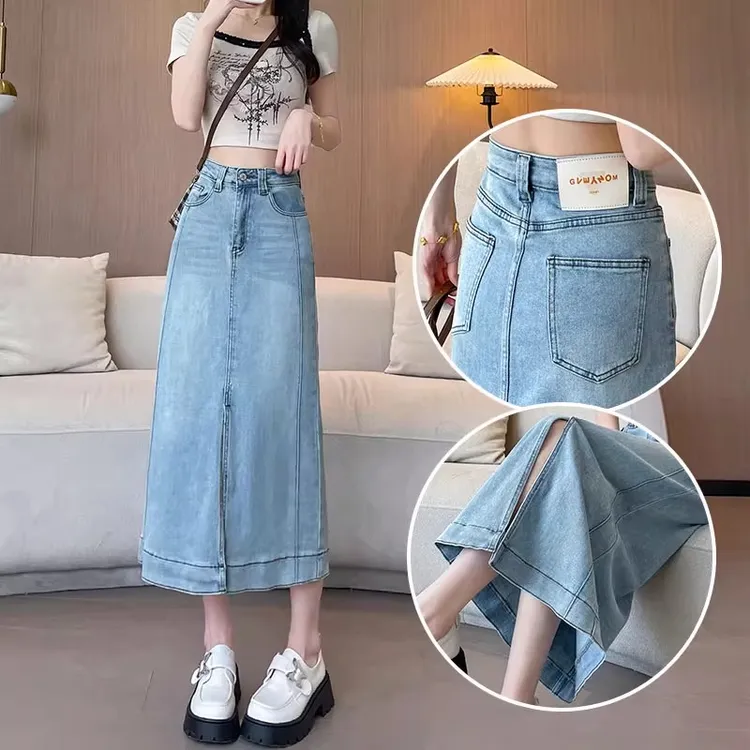 前开叉牛仔半身裙女夏季薄款弹力高腰a字梨型遮腿型百搭包臀长裙