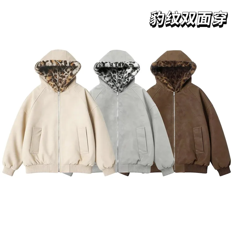 QIUYIDAODI冬季百搭宽松荔枝纹PU皮座山豹加绒加厚双面穿豹纹夹克