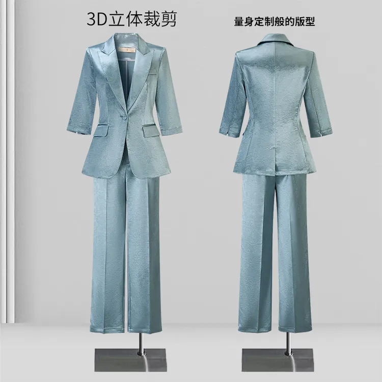 2025新款夏款高级感印花减龄气质时尚薄款中袖蓝色职业西装套装