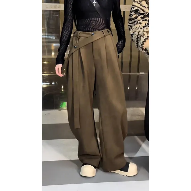 显瘦时尚秋季四季款垂感阔腿休闲裤男飘带长裤裤子麂皮绒弯刀裤男