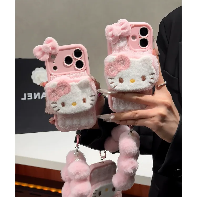 秋冬粉色毛绒kitty猫适用苹果17手机壳华为P70挂绳vivo小米15oppo