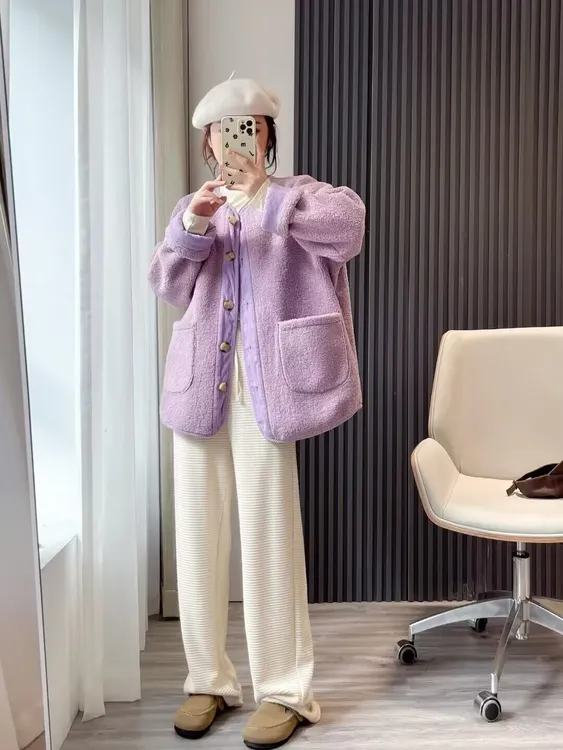 大码冬季加绒加厚显瘦时尚气质建立颗粒绒外套087