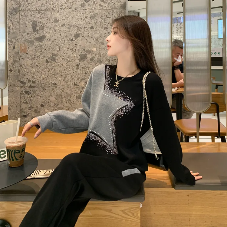 巨好看的秋装一整套欧货高级感减龄烫钻卫衣卫裤运动休闲两件套女