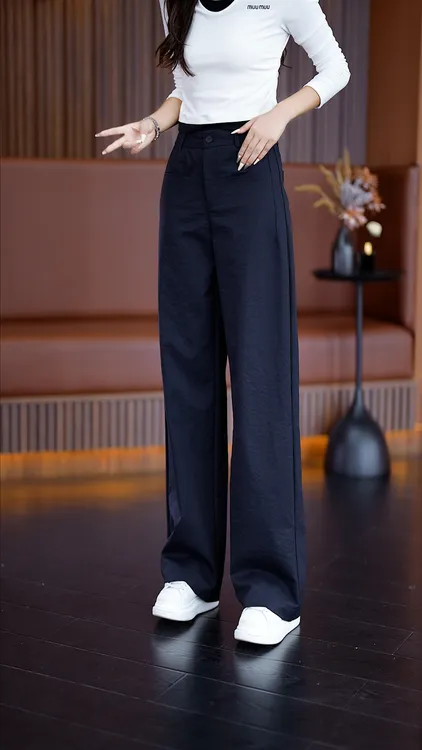 藏青色休闲裤子女春秋2025新款爆款窄版阔腿裤高腰宽松西装直筒裤