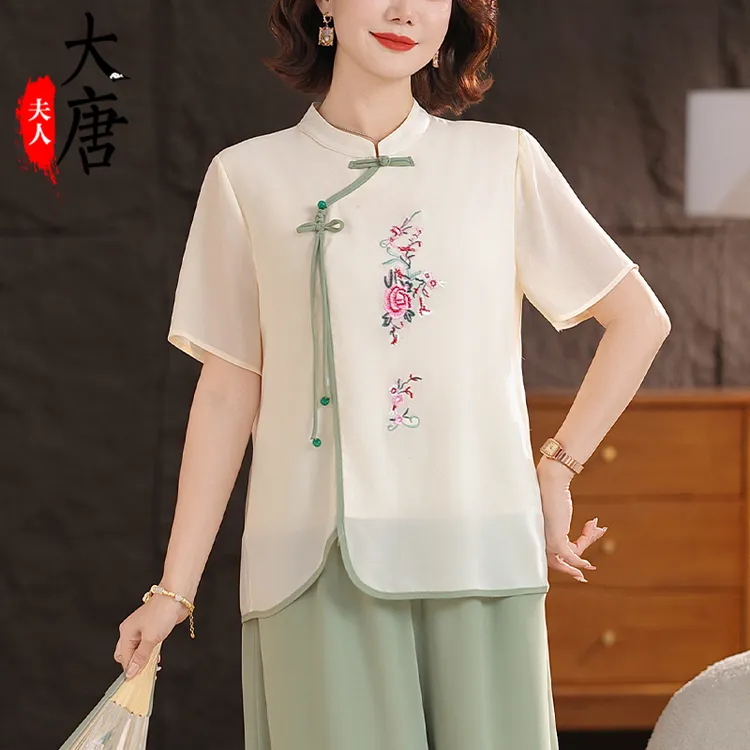 【大唐夫人】新中式妈妈装洋气套装雪纺衫上衣中老年女装短袖两件套