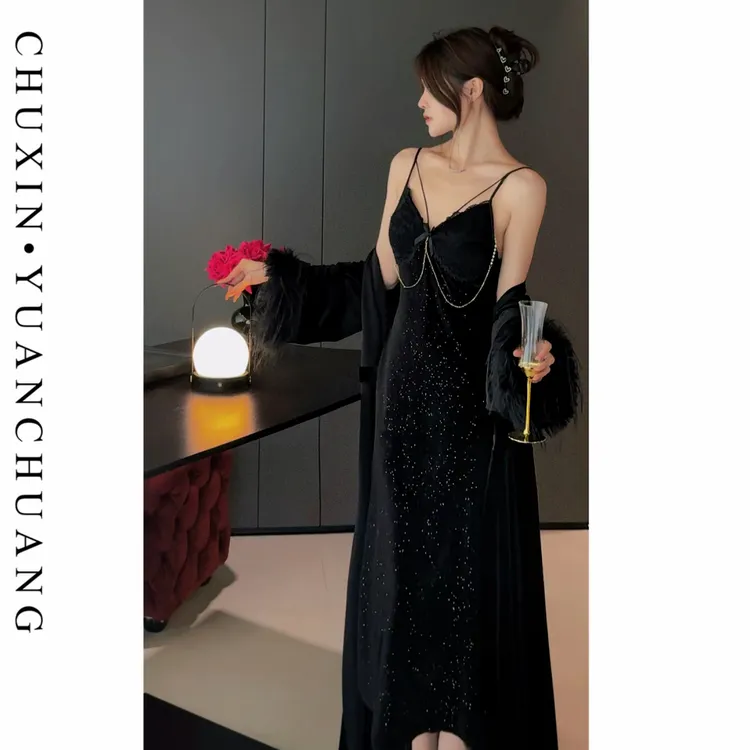 【耀黑女王】秋冬法式加绒睡袍吊带女性感纯欲高级新款成熟贵妇 