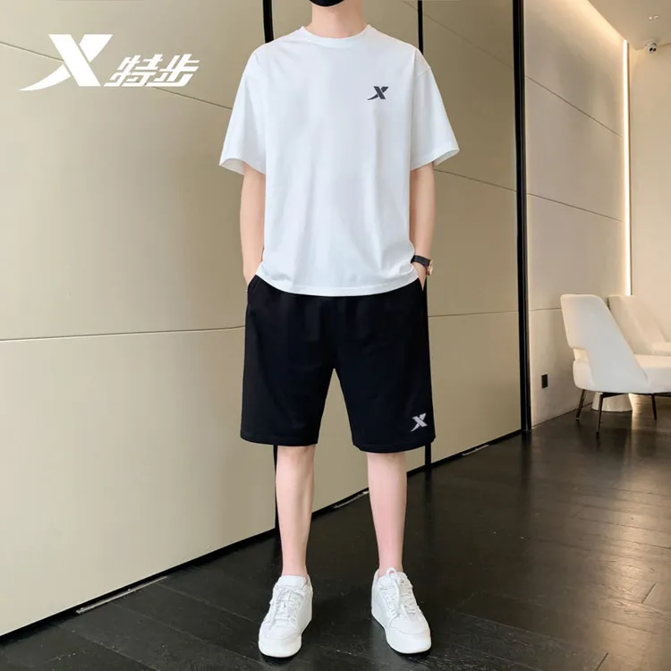 特步速干运动套装男两件套2025夏季新透气T恤青少年潮流跑步休闲