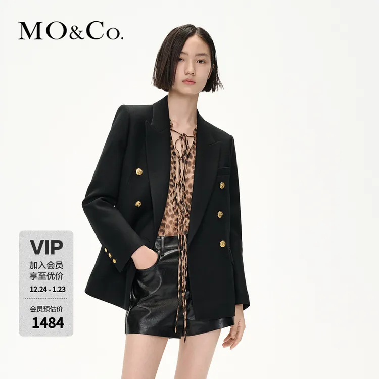 MOCO复古戗驳领垫肩廓形金扣西装外套MBC4BLAK01