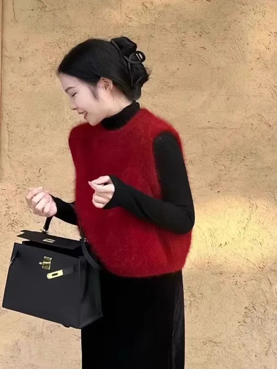专柜红色新年马年圆领马甲毛衣针织衫背心坎肩叠穿女秋冬洋气上衣