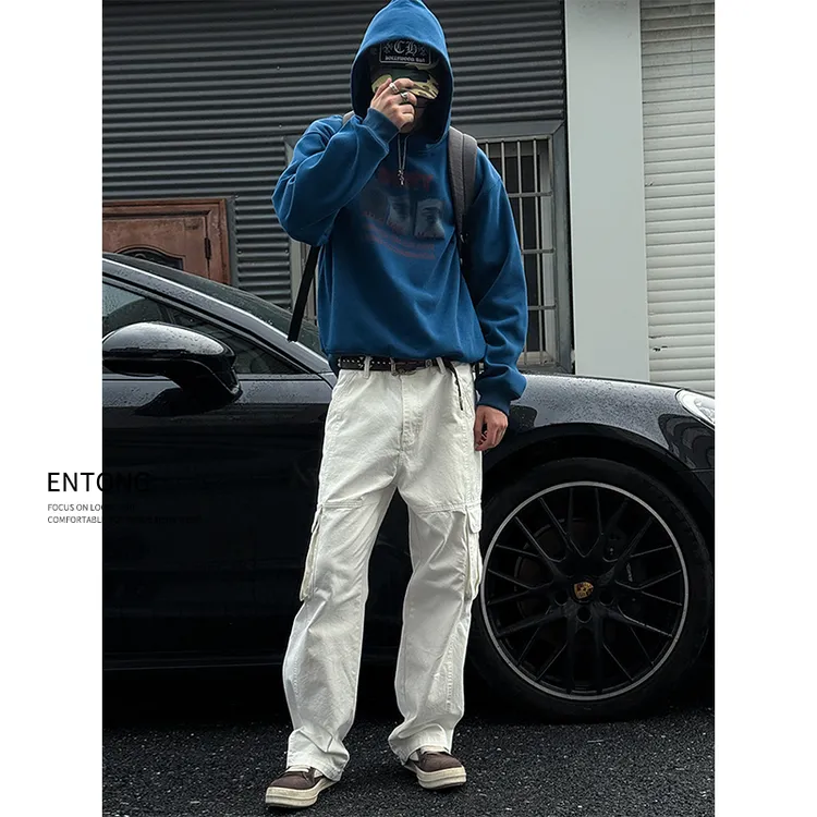 Entong潮牌宽松褶皱工装裤男款秋季高级感美式休闲裤子拼接长裤潮