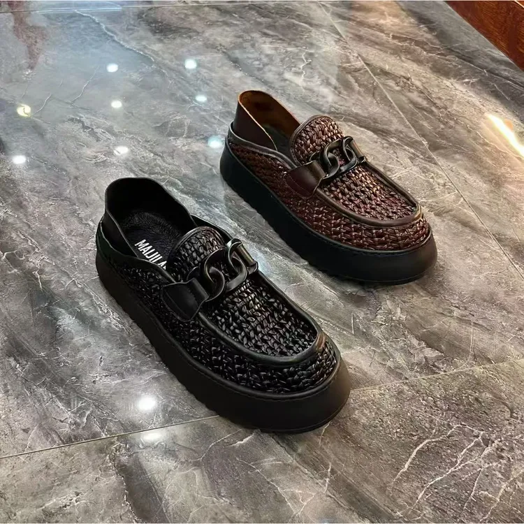 男夏季透气款网眼休闲凉拖男士黑色乐福鞋驾车舒适厚底增高网面鞋