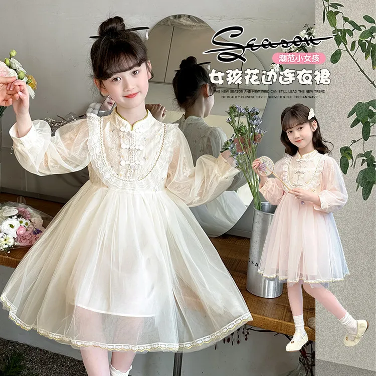 春季女童棒球服皮毛长袖公主裙中大童纯色网纱中国风安B类9岁