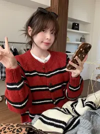 【勾勒年轮】韩系复古红色条纹针织毛衣～三色～秋冬韩版圆领撞色开衫
