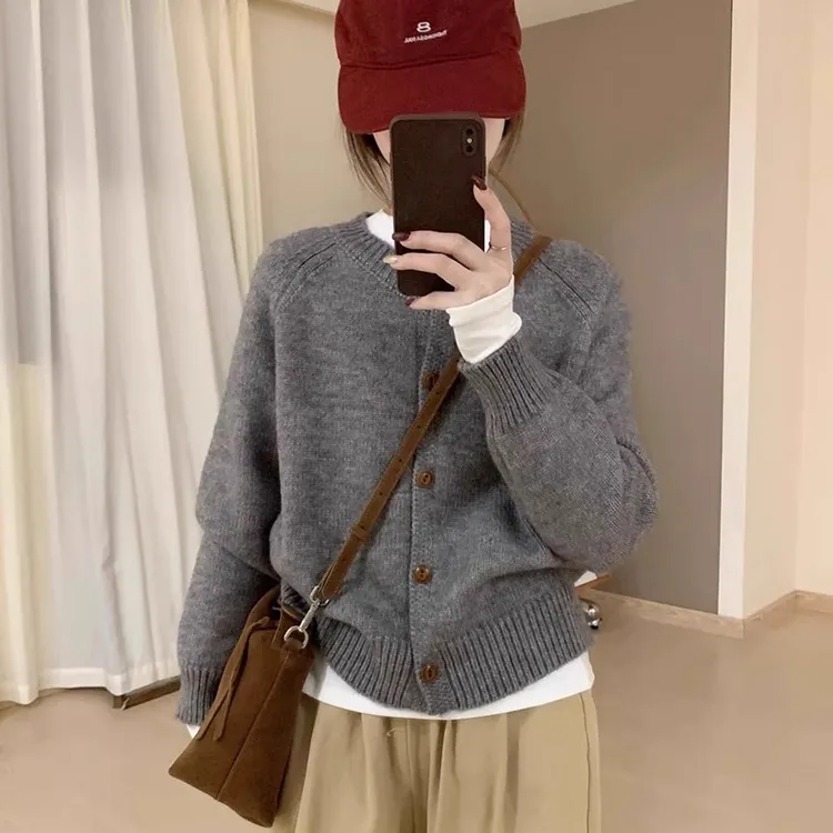 圆领针织开衫毛衣女2025春秋冬季高级感简约风穿搭短款韩版上衣