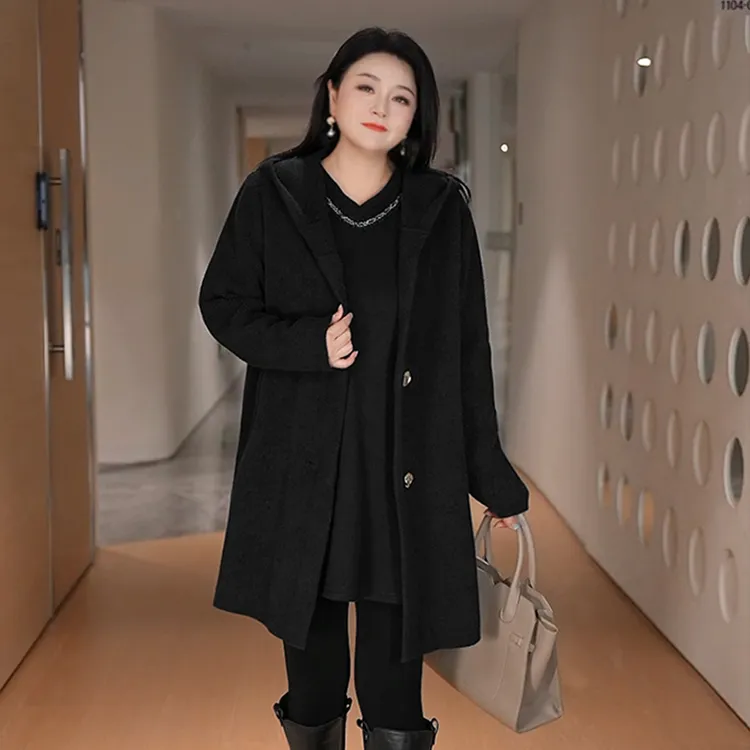 MsShe大码女装2025冬装金属扣仿貂毛针织连帽毛衣外套J~B2509043