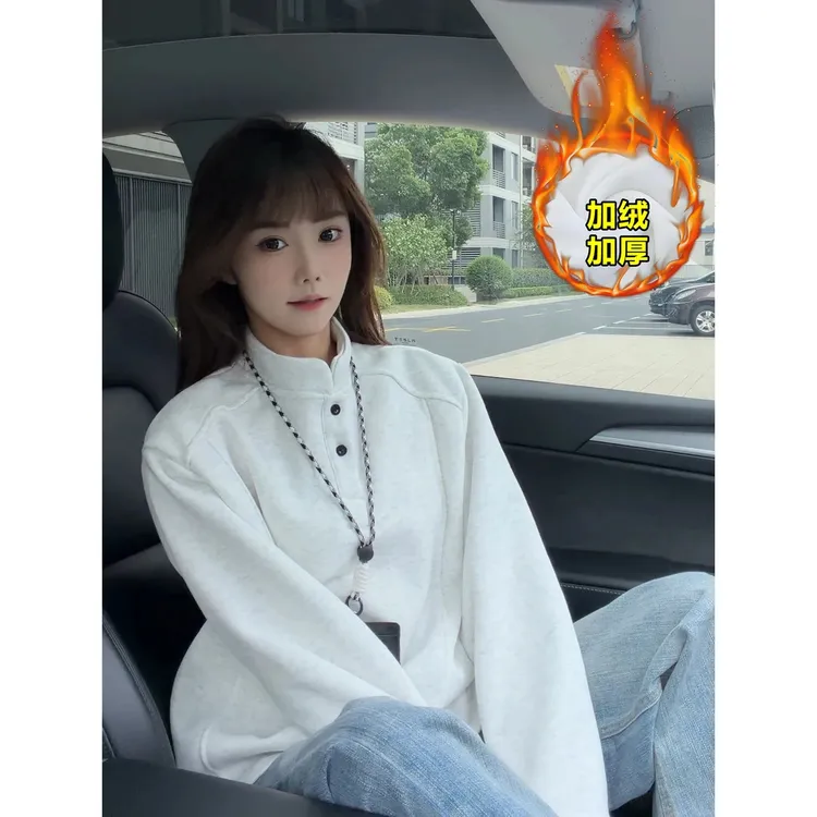 【现货】加绒正肩亨利领POLO衫解构拼接T恤长袖秋季男卫衣美式潮牌