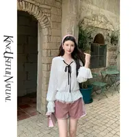 KUN【白秀珠】吸睛点缀 弹力蕾丝小方格拼花边白色秋季衬衫上衣