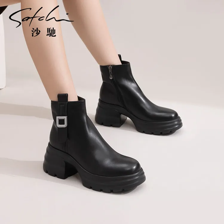 沙驰女鞋个性粗跟厚底增高短靴2025年秋冬季新款舒适通勤时装靴子
