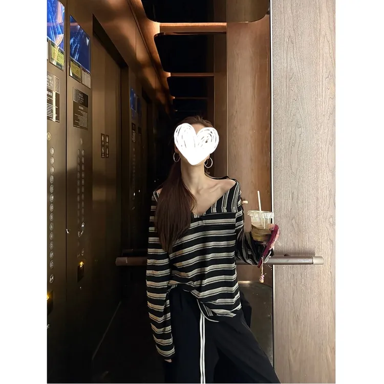 【纸片人条纹】慵懒感条纹长袖t恤女早秋新款松弛V领罩衫宽松上衣