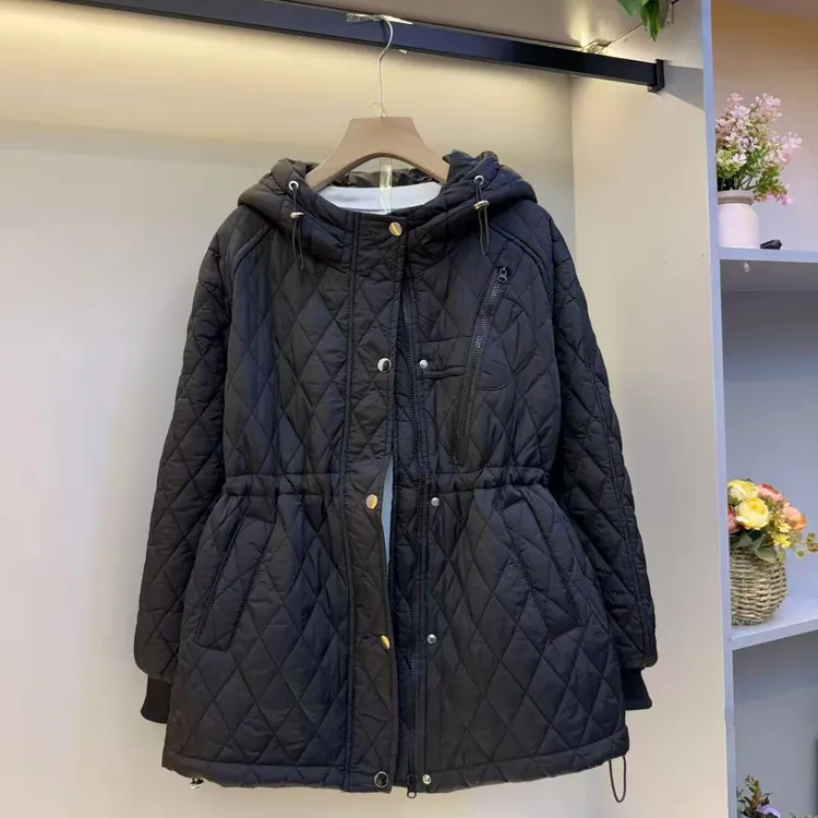 秋冬季中长款抽绳显瘦显高连帽压格洋气保暖棉服外套女