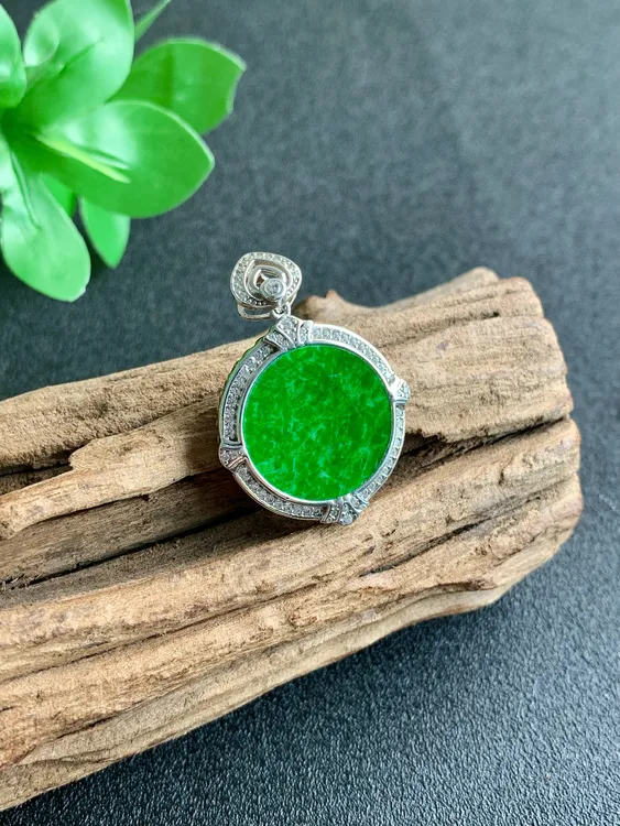 【木木情人节专属】天然缅甸A货翡翠包镶奢华满绿圆牌CYX49-71146