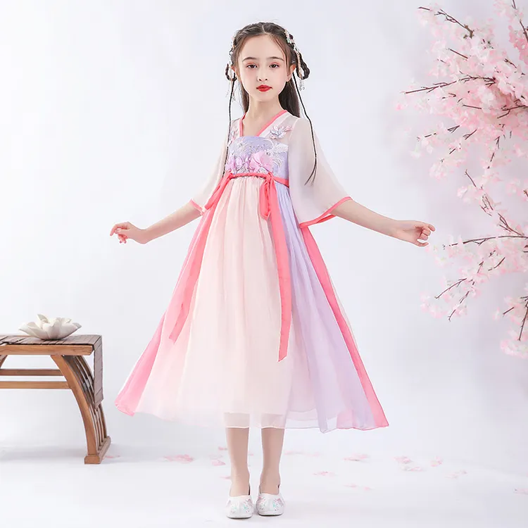女童装雪纺汉服长款中国风古装民族旗袍唐装夏季款中袖连衣裙儿童