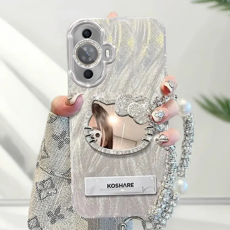 自带镜头膜华为Nova12活力版手机壳FIN-AL60镶钻kt猫镜子软壳羽纱