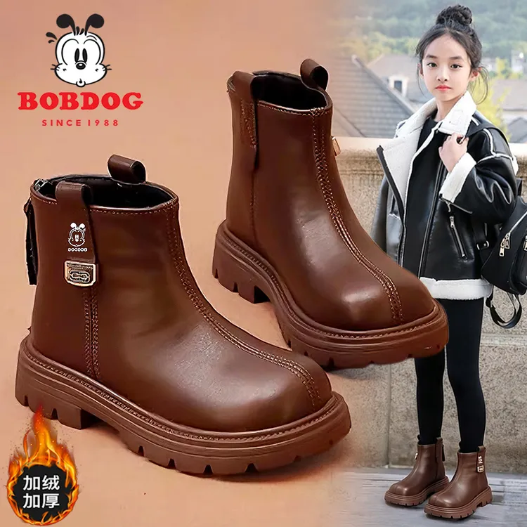 巴布豆女童靴子儿童马丁靴小公主短靴2025冬季二棉宝宝皮靴中大童