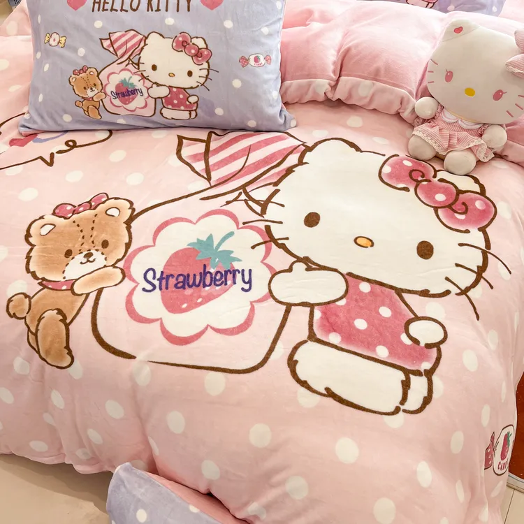 【正版授权 绒】A类加厚牛奶绒三丽鸥kt印花保暖学生三件套被套床笠
