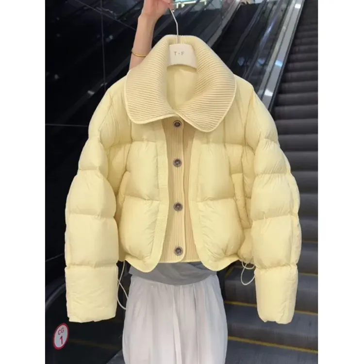 奶黄色泡芙翻领短款棉服女2025年冬季加厚保暖小个子面包服外套冬