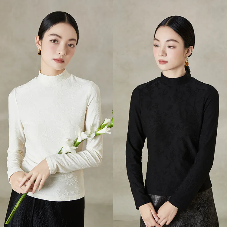 【秸熙】秋季新款百搭套头打底衫轻国风花鸟提花弹力针织上衣4XD798