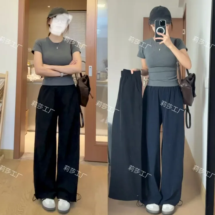 小个子定制藏蓝色美式工装裤女2025夏季薄款高腰慵懒风显瘦运动裤