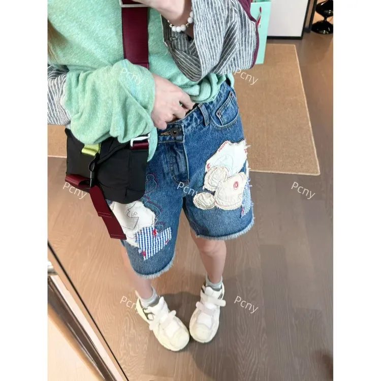 PCNY「米奇贴布」不理理夏季新款小众女装宽松百搭卡通贴布牛仔短裤