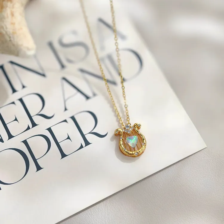铜合金锆石项链 「Golden Opal Lyre」金色培育欧珀诗琴项链