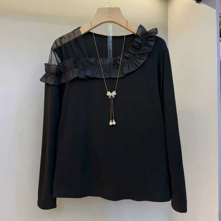 2025早秋新款洋气时尚百搭薄纱拼接木耳边胖MM大码显瘦长袖T恤衫