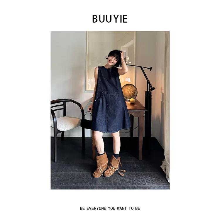 BUUYIE 25SS【‌韧风】复古深蓝色薄款简约牛仔连衣裙 250517