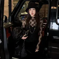 G. yantong/郭彦彤半高领内搭蕾丝网纱上衣打底衫长袖重工DD1258