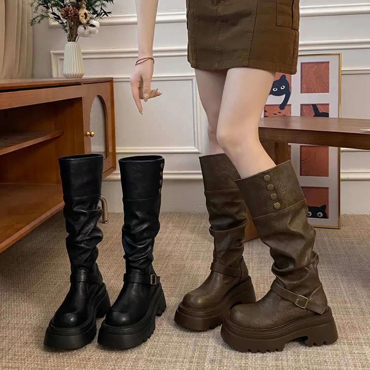 贾不假不过膝靴子女2025新款夏季复古显瘦小个子厚底英伦风长筒靴