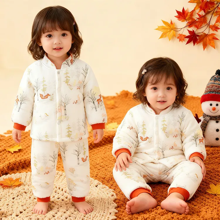 宝宝夹棉保暖套装秋冬季纯棉婴儿上衣裤子夹棉两件套棉服舒适童装