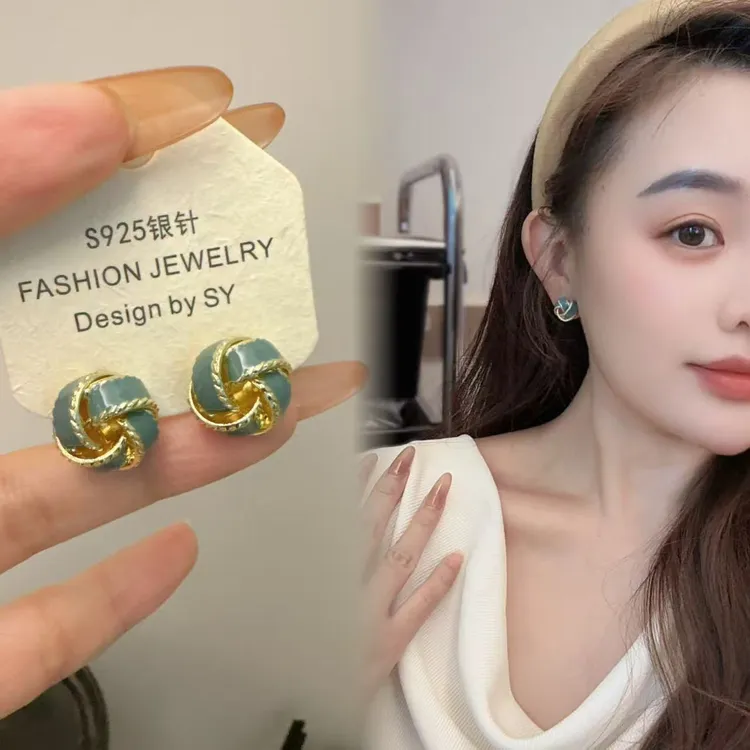 铜合金耳饰 【雾霾蓝】法式精致高级感雾霾蓝同心结耳饰耳环 S35