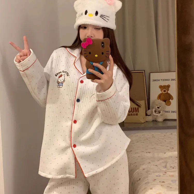 秋冬款空气夹棉波点睡衣女款卡通刺绣kitty猫加厚保暖大码家居服
