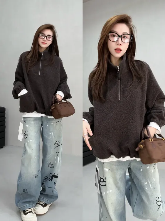 月月 2025冬季新款小众设计半拉链立体剪裁毛绒卫衣 2512C8723