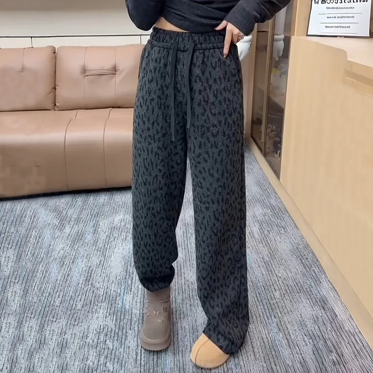 裤子豹纹高腰加绒窄版直筒休闲裤女秋冬150小个子宽松显瘦阔腿裤