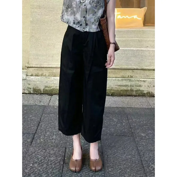 新款显瘦松紧腰香蕉裤女夏季欧货高级感宽松直筒阔腿九分裤
