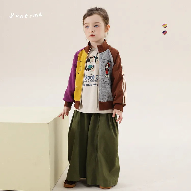 允儿妈女童秋季新款日系拼色立领棒球服宝宝纯棉外套儿童上衣童装