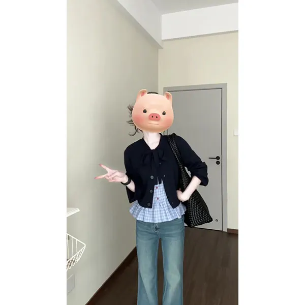 韩系撞色蝴蝶结长袖针织开衫内搭格子背心上衣裤子女秋气质套装