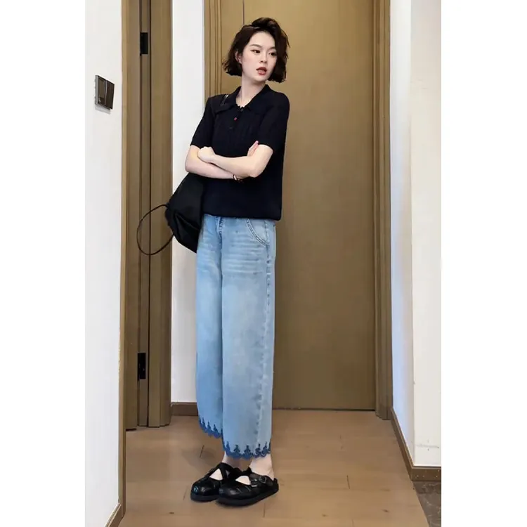 弯刀牛仔裤女薄款直筒裤夏季2025浅蓝色刺绣时尚休闲百搭八分裤子