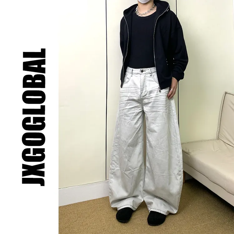JXGOGLOBAL美式复古水洗脏旧白弯刀牛仔裤男女宽松百搭堆积感裤子
